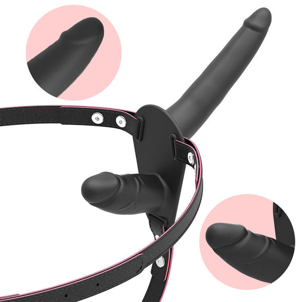 Black Versatile Unisex Dual Ended Silicone Strap On Dildo With Adjustable Leather Harness For Couples & Solo Play Strap Ons