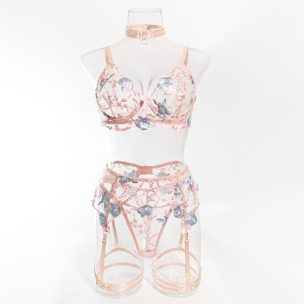 Size Pink Elegant Floral Embroidered Sheer 5 Piece Lingerie Set Bra Thong Garter Belt Choker & Thigh Straps Other Erotic Clothing