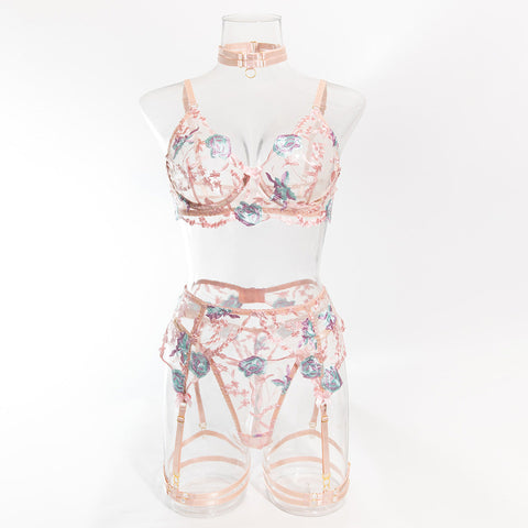 Size L Pink Elegant Floral Embroidered Sheer 5 Piece Lingerie Set Bra Thong Garter Belt Choker & Thigh Straps Other Erotic Clothing