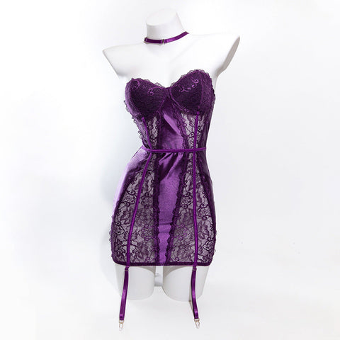 Size S Seductive Purple Lace & Satin Corset Lingerie Dress Strapless Bustier With Halter Neck & Garters Erotic Dresses