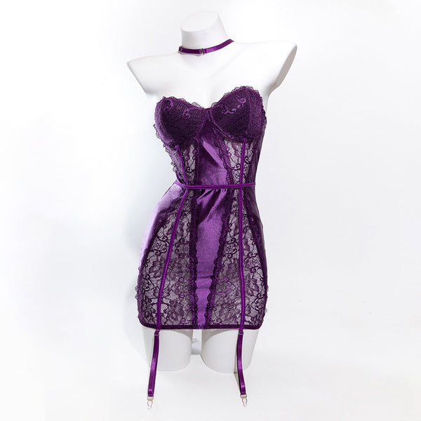 Size M Seductive Purple Lace & Satin Corset Lingerie Dress Strapless Bustier With Halter Neck Garters Erotic Dresses