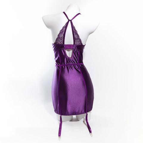 Size L Seductive Purple Lace & Satin Corset Lingerie Dress Strapless Bustier With Halter Neck & Garters Erotic Dresses