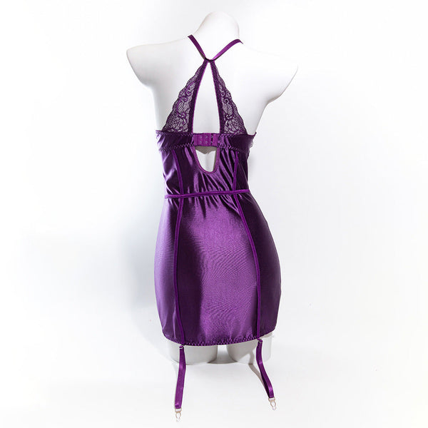 Size L Seductive Purple Lace & Satin Corset Lingerie Dress Strapless Bustier With Halter Neck Garters Erotic Dresses