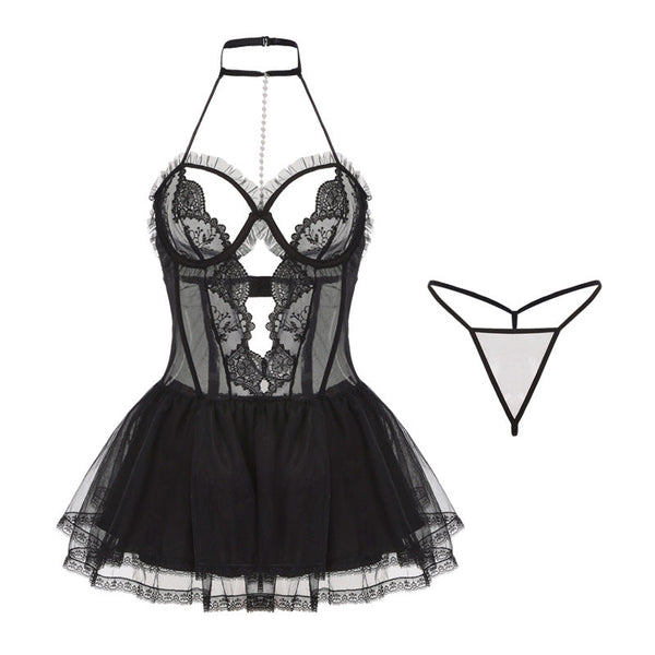 Black  Sheer Lace Nightgown Set Tempting Lingerie Uniform For Women Other Erotic Clothing