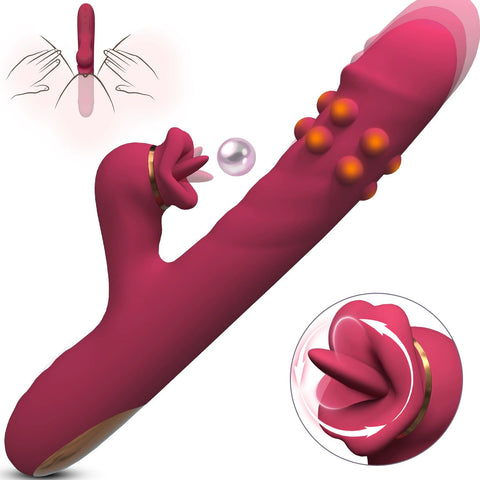 Red Women's Vibrating Wand With Tongue Licking And Rotating Beads Telescopic Adult Pleasure Device (23.5 X 3.5Cm 310G) Classic s