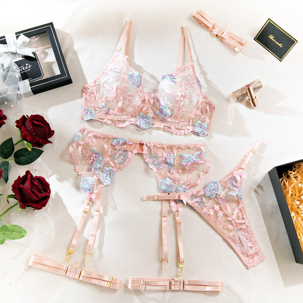 M Pink  Sheer Floral Embroidery Lingerie Set Open Butt Shapewear Five Piece Bras & Bra Sets