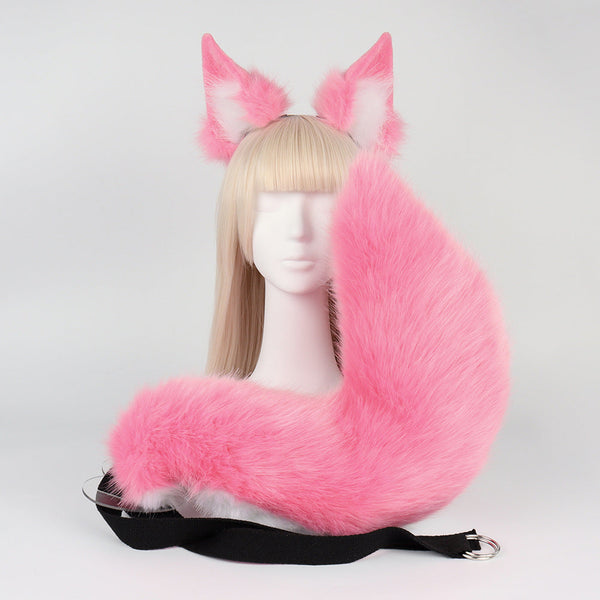 Pink Plush Faux Fur Fox Ears Headband And Tail Set Realistic Animal Costume For Cosplay & Parties Women's Costumes