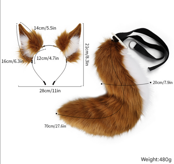 Pink Plush Faux Fur Fox Ears Headband And Tail Set Realistic Animal Costume For Cosplay & Parties Women's Costumes