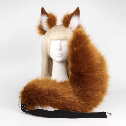 Brown Plush Faux Fur Fox Ears Headband And Tail Set Realistic Animal Costume For Cosplay & Parties Women's Costumes