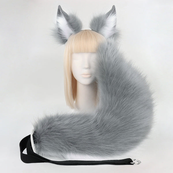 Grey Plush Faux Fur Fox Ears Headband And Tail Set Realistic Animal Costume For Cosplay & Parties Women's Costumes