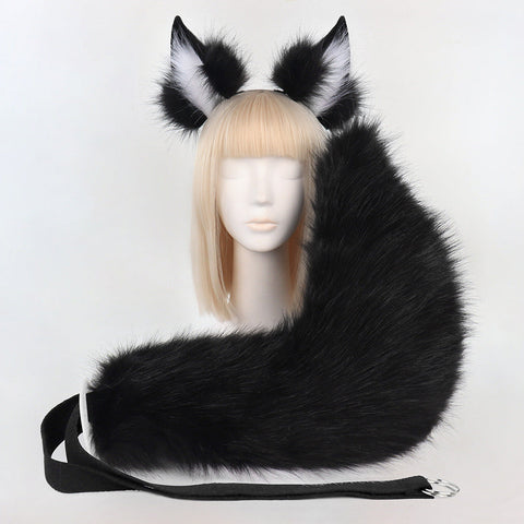 Black Plush Faux Fur Fox Ears Headband And Tail Set Realistic Animal Costume For Cosplay & Parties Women's Costumes