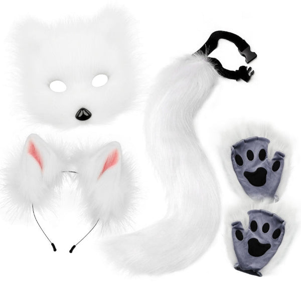 White Halloween Furry Fox Costume Set Plush Mask Ears Headband Tail And Paws For Cosplay Other Costume Accessories