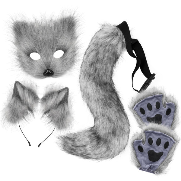 Dark Grey Halloween Furry Fox Costume Set Plush Mask Ears Headband Tail And Paws For Cosplay Other Costume Accessories