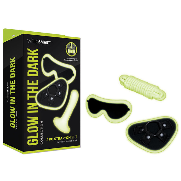 Whipsmart Glow In The Dark 4Pc Strap On Set 15.2 Cm With Eye Mask & Rope Strap Ons