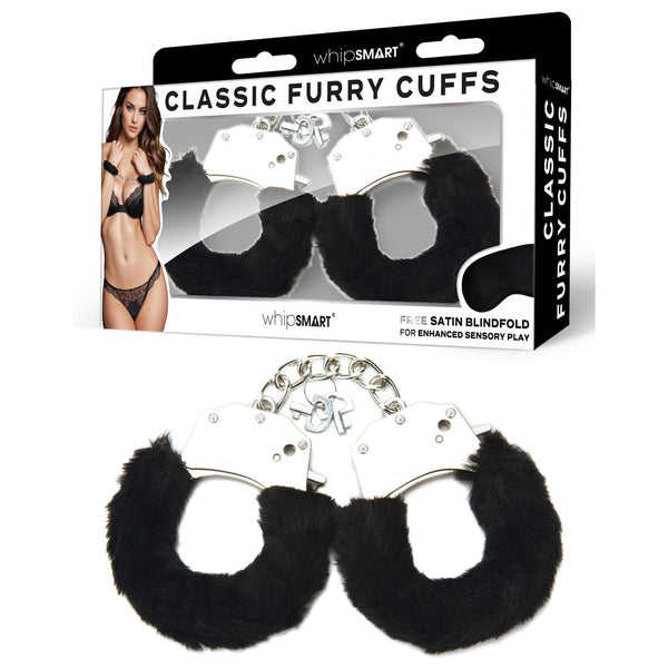 Whipsmart Classic Furry Cuffs Black Restraints With Bonus Eye Mask Cuffs & Shackles