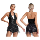 Womens Jazz Latin Dance Performance Costume Halter Backless Sequins Jumpsuit Women's Costumes