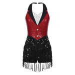 Womens Jazz Latin Dance Performance Costume Halter Backless Sequins Jumpsuit Women's Costumes
