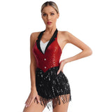 Womens Jazz Latin Dance Performance Costume Halter Backless Sequins Jumpsuit Women's Costumes