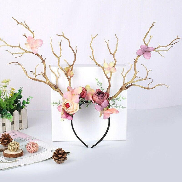 Gothic Deer Antlers Flower Hair Band Christmas Cosplay Hair Accessories