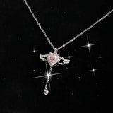 Veile Studios Moving Cupid Heart Angel Wings Tassel Necklace Crystal Clavicle Chain Women Jewelry Gift Necklaces & Pendants
