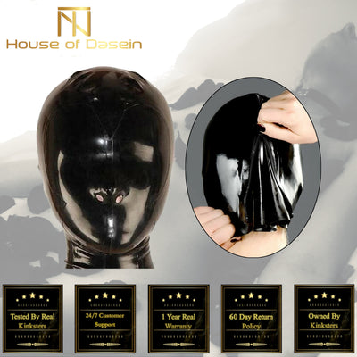 Latex Hood With Red Teeth Gag Nasal Tubes Back Zipper  Hoods