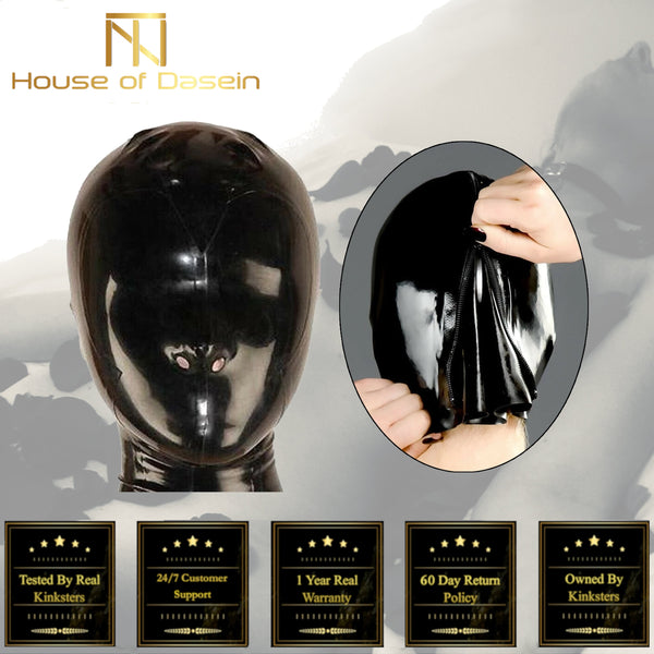 Latex Hood With Red Teeth Gag Nasal Tubes Back Zipper  Hoods