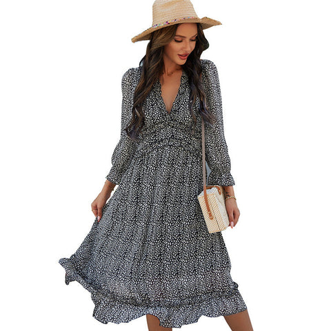 Boho All Over Print Frill Trim Women's Summer Long Sleeve V Neck Dress Dresses