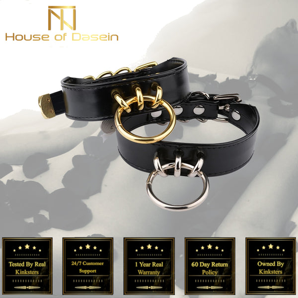 Black Faux Leather Silver Gold Ring Submissive Collar Collars & Leashes