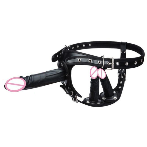 Big Fantasy Harness Triple Dildos Pegging Kit Red Black Strapon Strap Ons