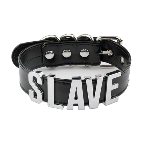 Black Slave Collar With Gold Or Silver Letters   Restraints Collars & Leashes