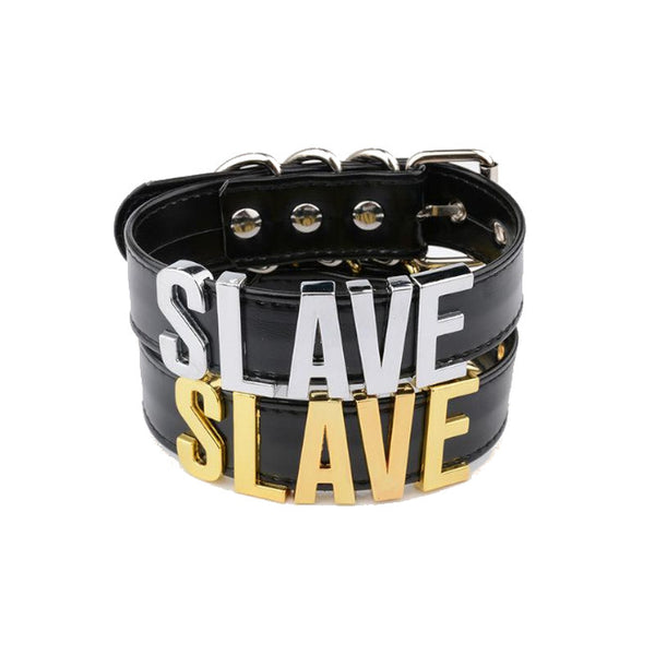 Black Slave Collar With Gold Or Silver Letters   Restraints Collars & Leashes
