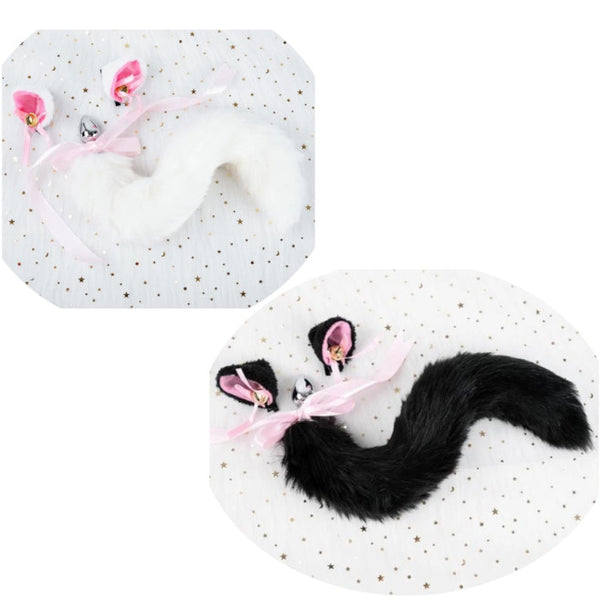 Black White Cute Kitten Ears Faux Fox Tail Ana Butt Plug Cosplay  Butt Plug Tails