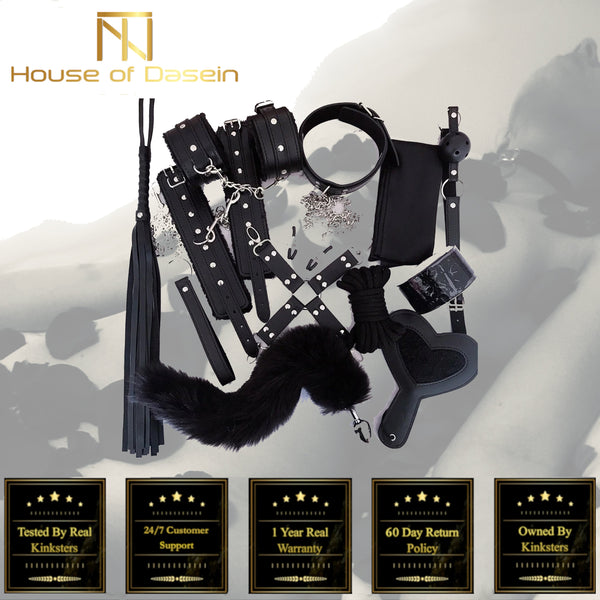 Black  Kit Flogger Cuffs Collar Rope Paddle Gag  Set Floggers