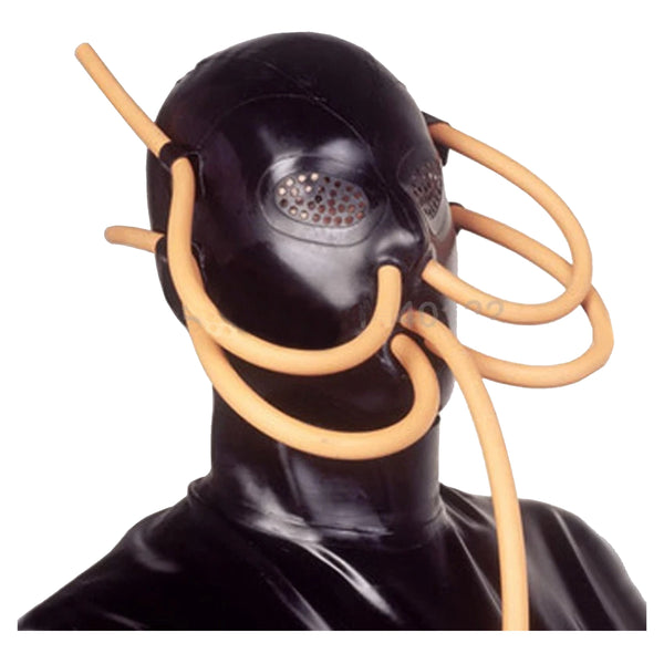 Black Latex Hood Rubber Breathing Tubes Octopus Mask  Fetish Hoods