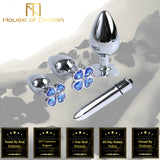 Blue Flower Stainless Steel Metal Anal Crystal Butt Plug Mini Bullet Vibrator Set
