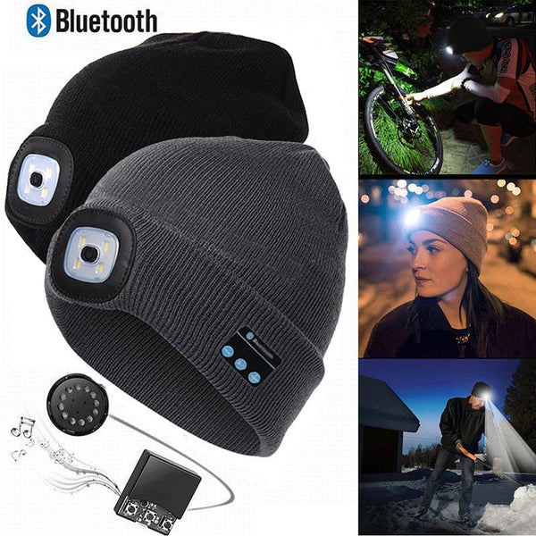 Wireless Bluetooth Music Knitted Hat With Led Lamp Camping Beanie Headlamp Hats & Headwear