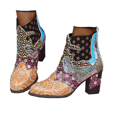 Bohemian Women's Boho Retro Block High Heels Zipper Boots