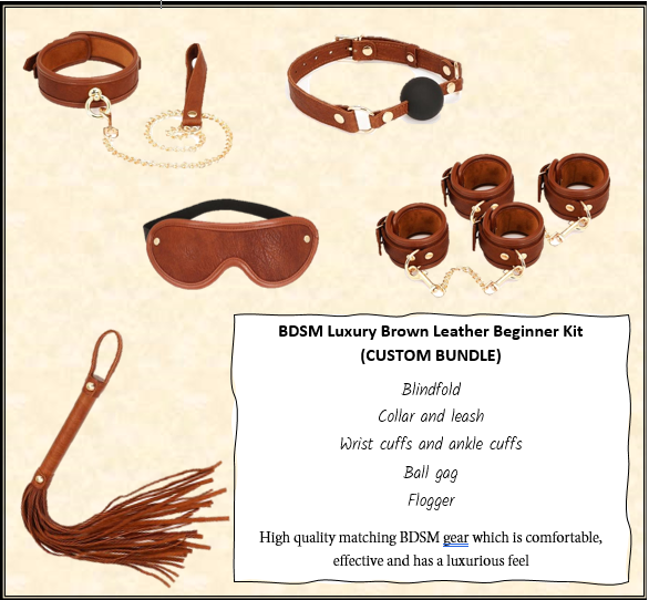 Brown Gold  Starter Kit Blindfold Ball Gag Cuffs Collar Hogtie Whip Restraint Kits & Sets