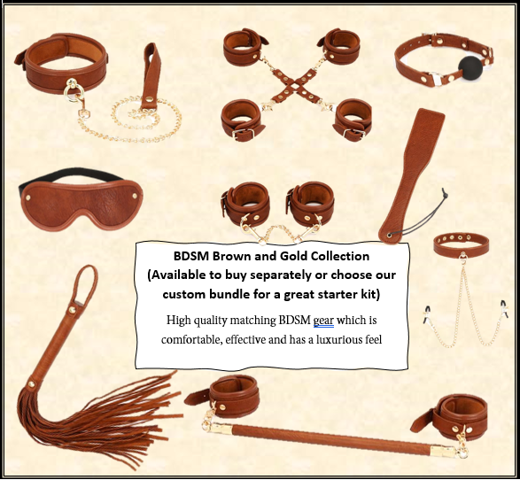 Brown Gold  Starter Kit Blindfold Ball Gag Cuffs Collar Hogtie Whip Restraint Kits & Sets