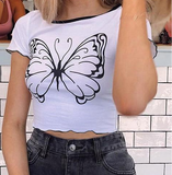 White And Black Butterfly Cropped Tee Kawaii Top Women Short Sleeve Shirt