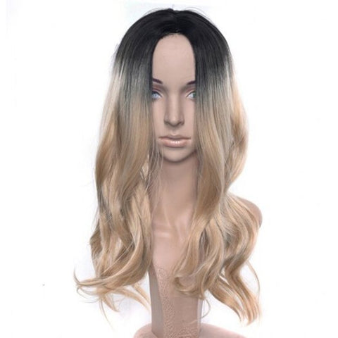 Central Parting Hair Style Gradient Ramp Big Wave Long Wig Tan