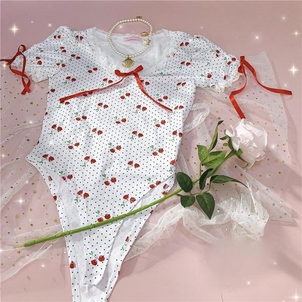 Sweet Cherry High Waist Ruffles One Piece Bodysuit Bodies & Catsuits