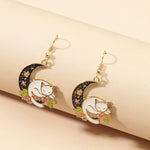 Veile Studios Cute Cat With Black Moon And Flower Dangle Aesthetic Drop Earrings