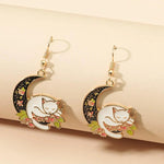 Veile Studios Cute Cat With Black Moon And Flower Dangle Aesthetic Drop Earrings