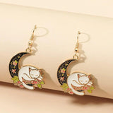 Veile Studios Cute Cat With Black Moon And Flower Dangle Aesthetic Drop Earrings