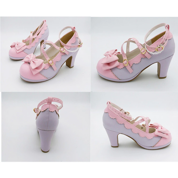Cute Lolita Buckle Heel Bow Cosplay Shoes Footwear