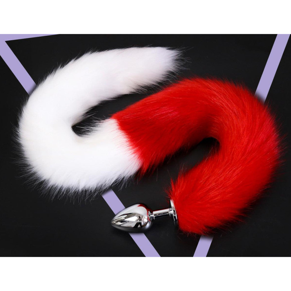 Extra Long Faux Fur Tail With Metal Anal Plug Playful Cosplay & Adult Novelty Accessory(White And Red Small) Butt Plug Tails
