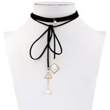 Veile Studios Faux Pearl Rhinestone Triangle Choker Necklace Black Necklaces & Pendants