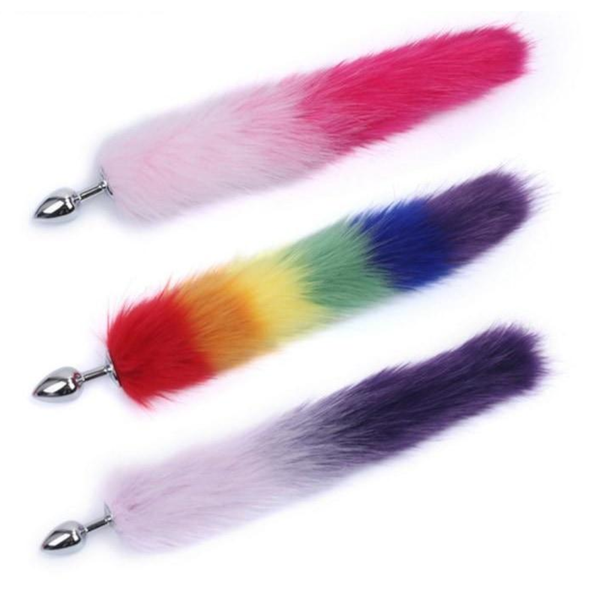 Faux Fur Rainbow Anal Plug Tail Kitten Pet Play  Non Vibrating Butt Plugs