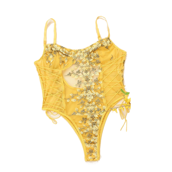 Floral Embroidery Mesh Lace Up  Bodysuit Lingerie Women Bodysuits